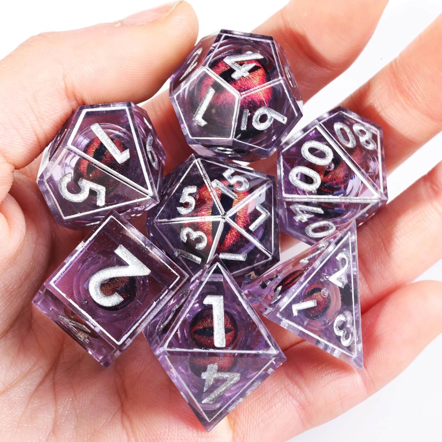 D&D 7-Piece Sharp Edge Red Dragon Eye Polyhedral Resin Dice Set - Dice of Dragons