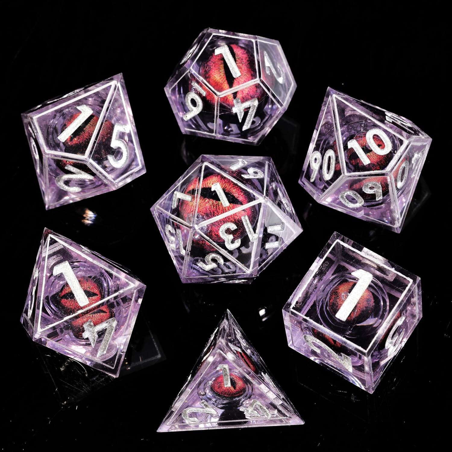 D&D 7-Piece Sharp Edge Red Dragon Eye Polyhedral Resin Dice Set - Dice of Dragons