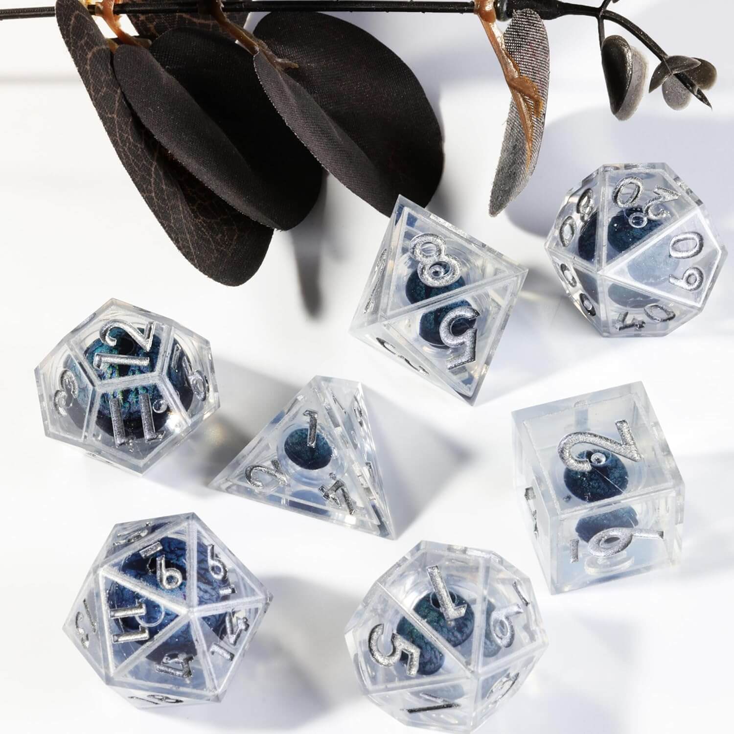 D&D 7-Piece Silver Liquid Core Dragon Eye Polyhedral Resin Dice Set - Dice of Dragons