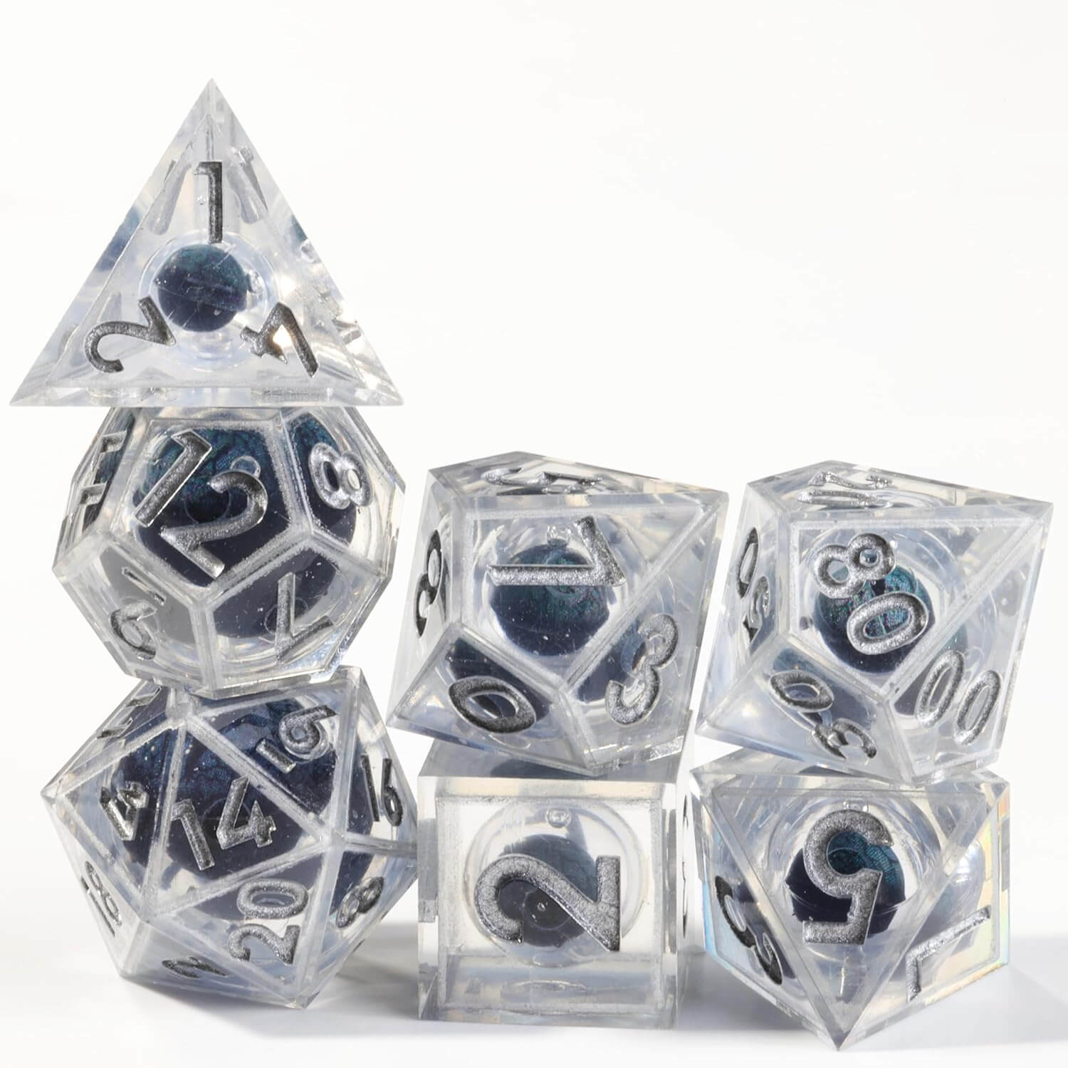 D&D 7-Piece Silver Liquid Core Dragon Eye Polyhedral Resin Dice Set - Dice of Dragons