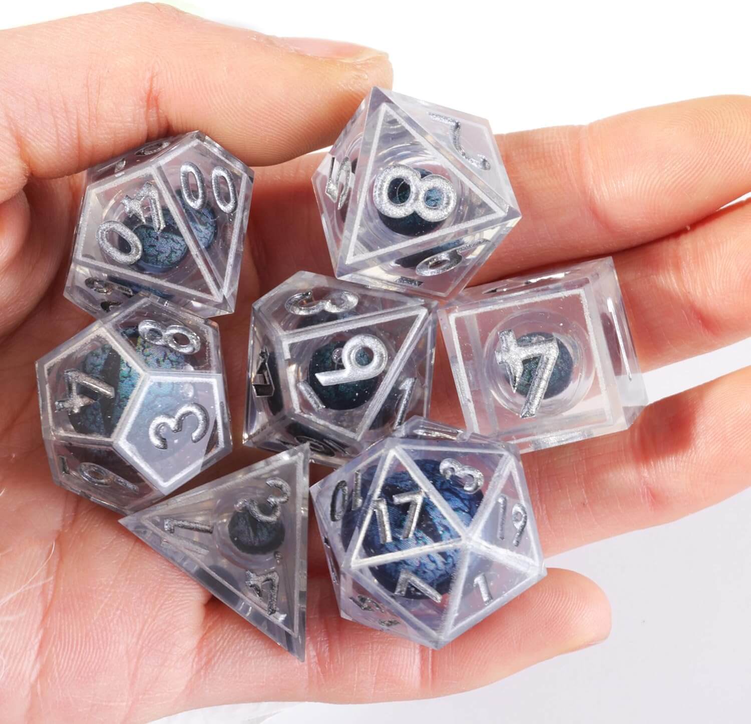 D&D 7-Piece Silver Liquid Core Dragon Eye Polyhedral Resin Dice Set - Dice of Dragons