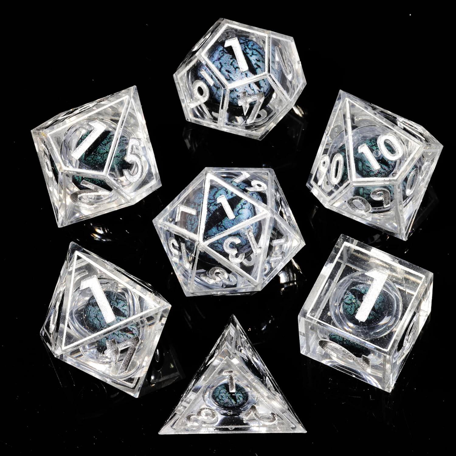 Silver Liquid Core Dragon Eye D&D Dice Set | Dice of Dragons