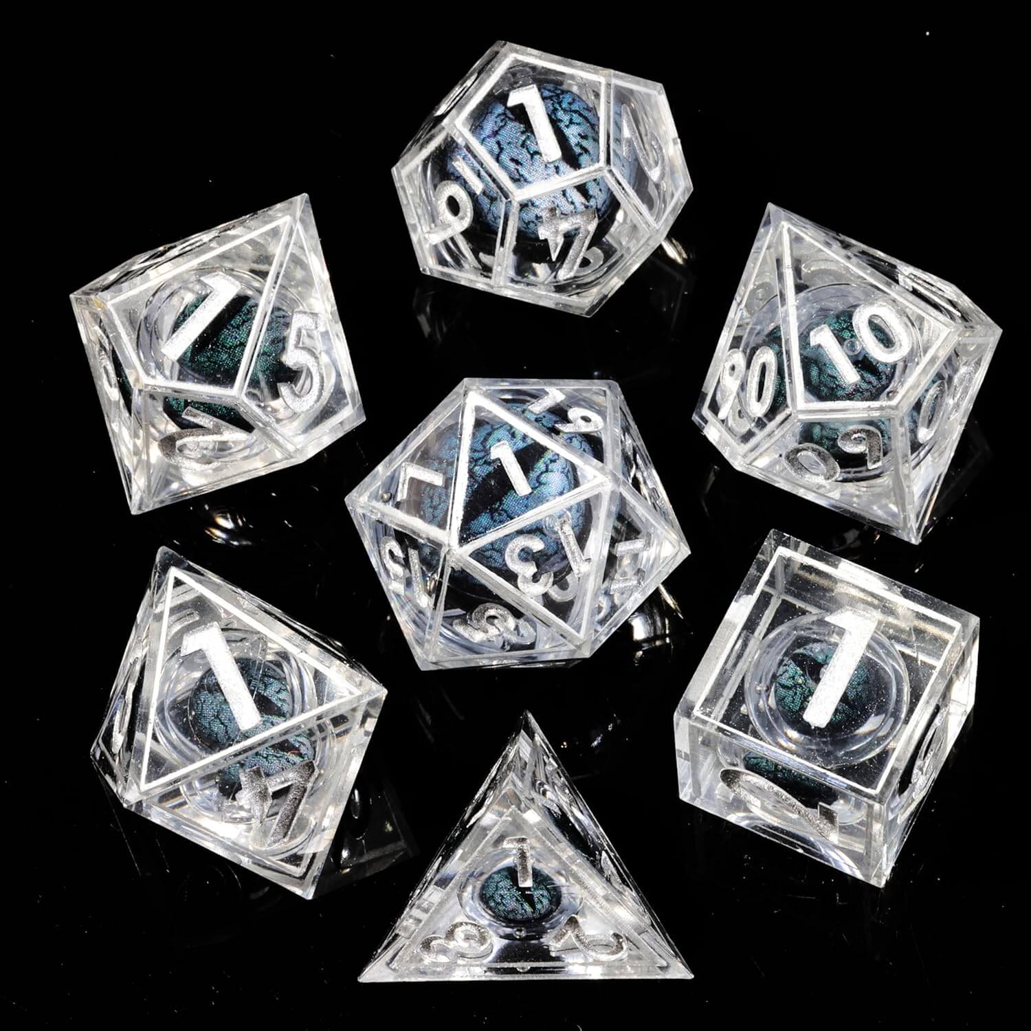 D&D 7-Piece Silver Liquid Core Dragon Eye Polyhedral Resin Dice Set - Dice of Dragons