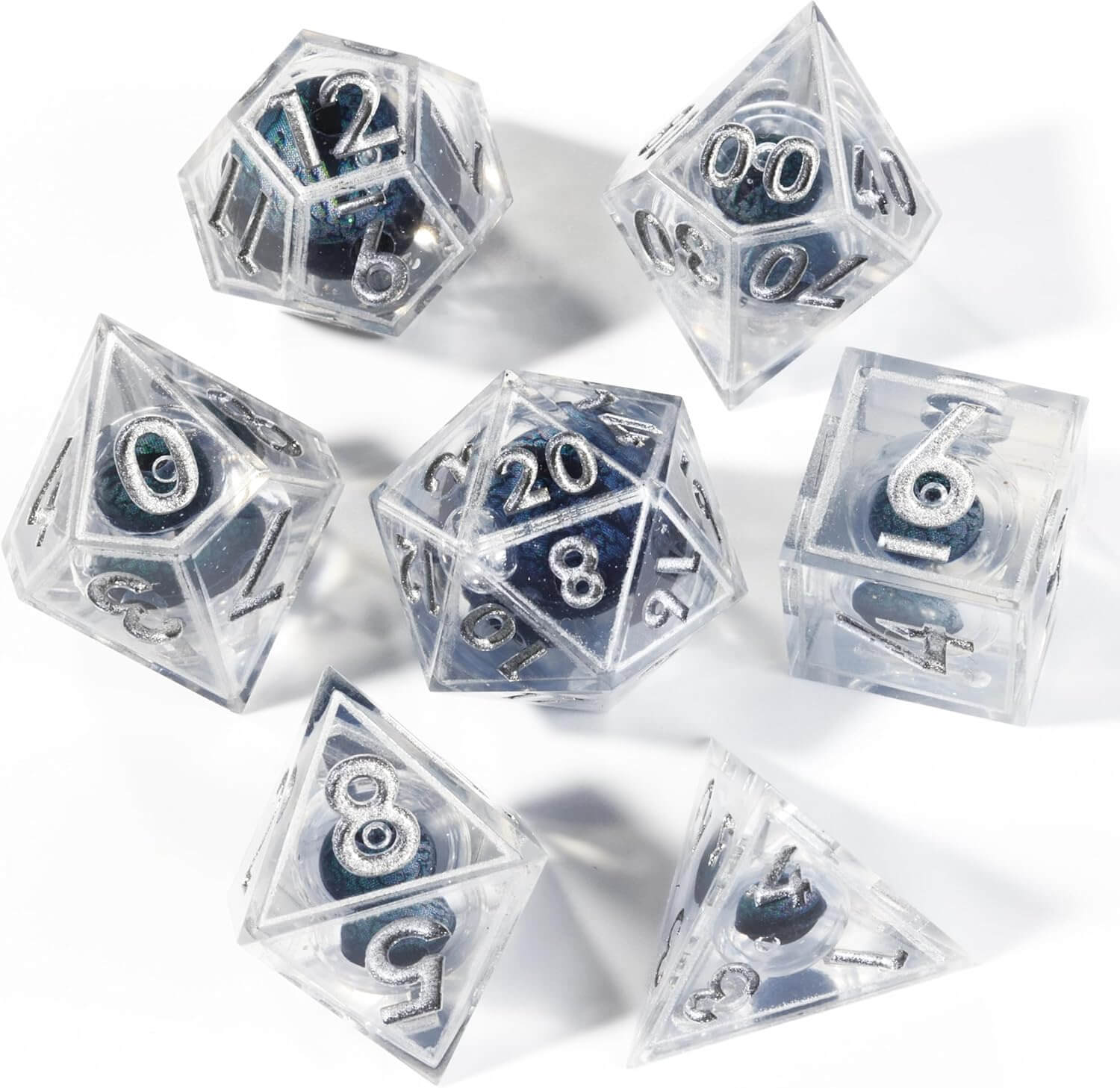 D&D 7-Piece Silver Liquid Core Dragon Eye Polyhedral Resin Dice Set - Dice of Dragons