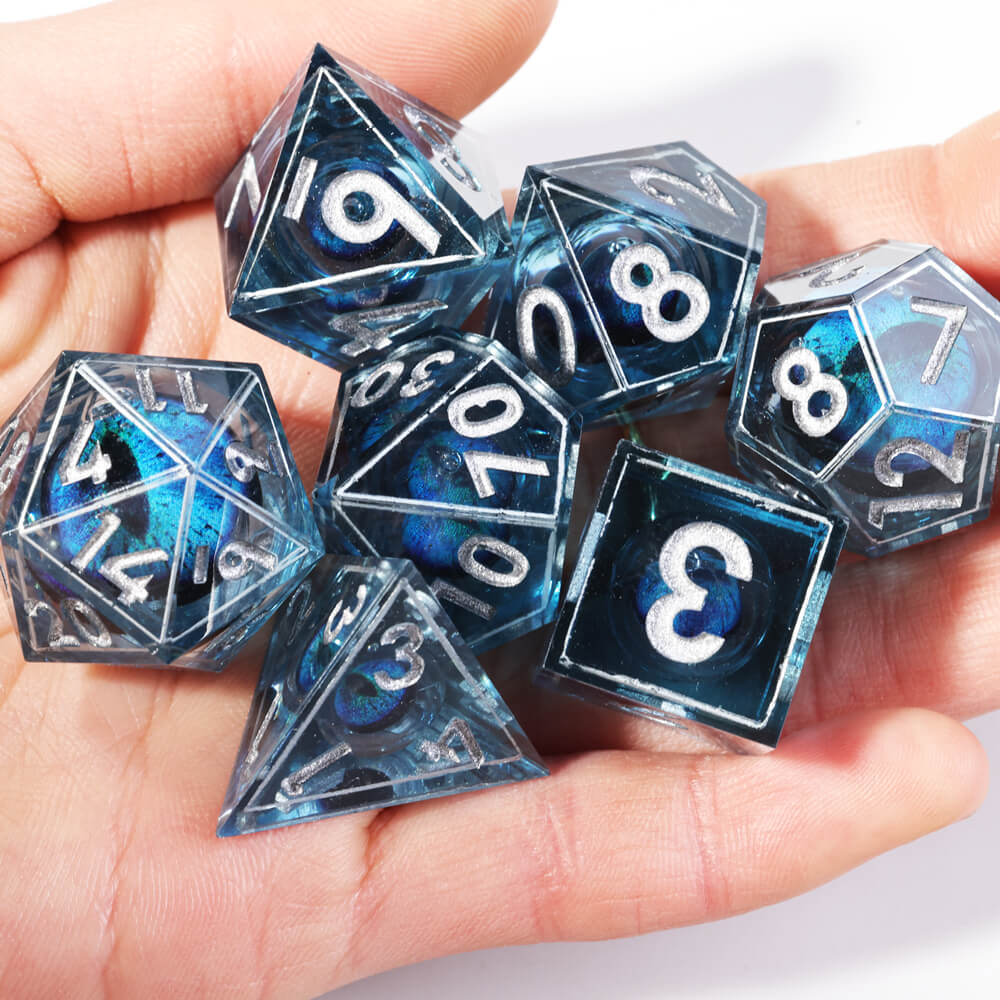 D&D 7-Piece Sharp Edge Blue Dragon Eye Polyhedral Resin Dice Set - Dice of Dragons