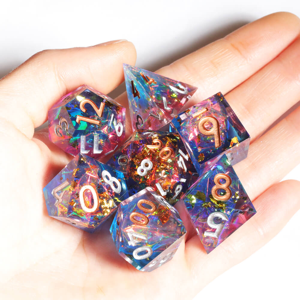 D&D 7-Piece Sharp Edge Cozy Weekend Polyhedral Resin Dice Set - Dice of Dragons