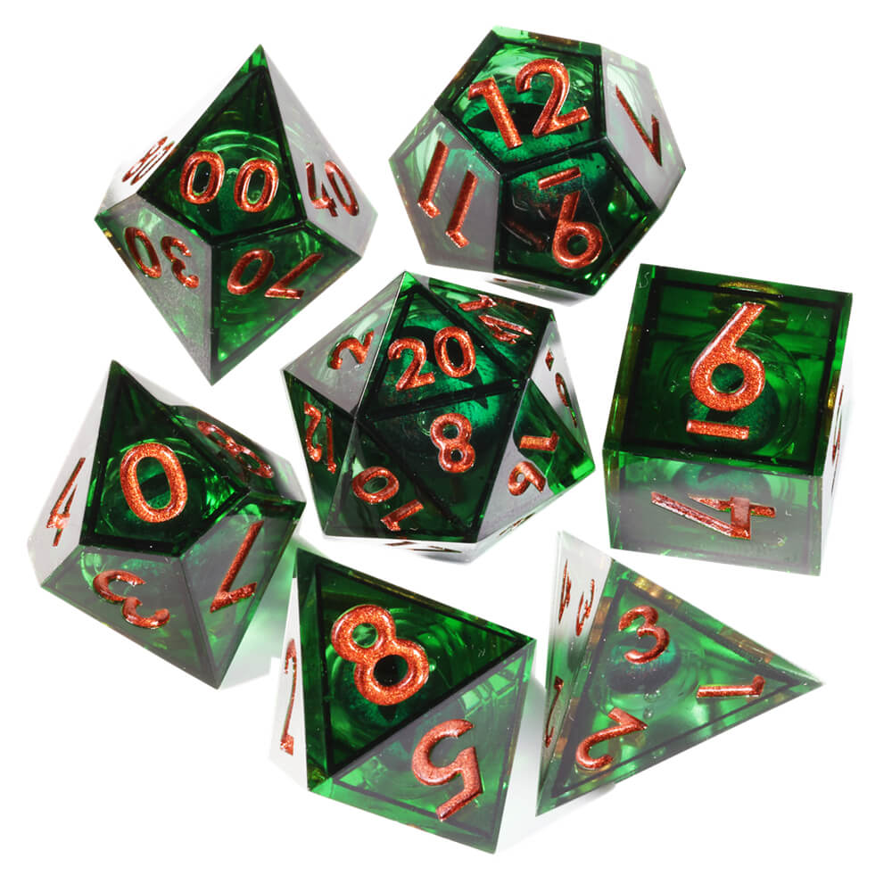 D&D 7-Piece Sharp Edge Green Liquid Core Dragon Eye Polyhedral Resin Dice Set - Dice of Dragons