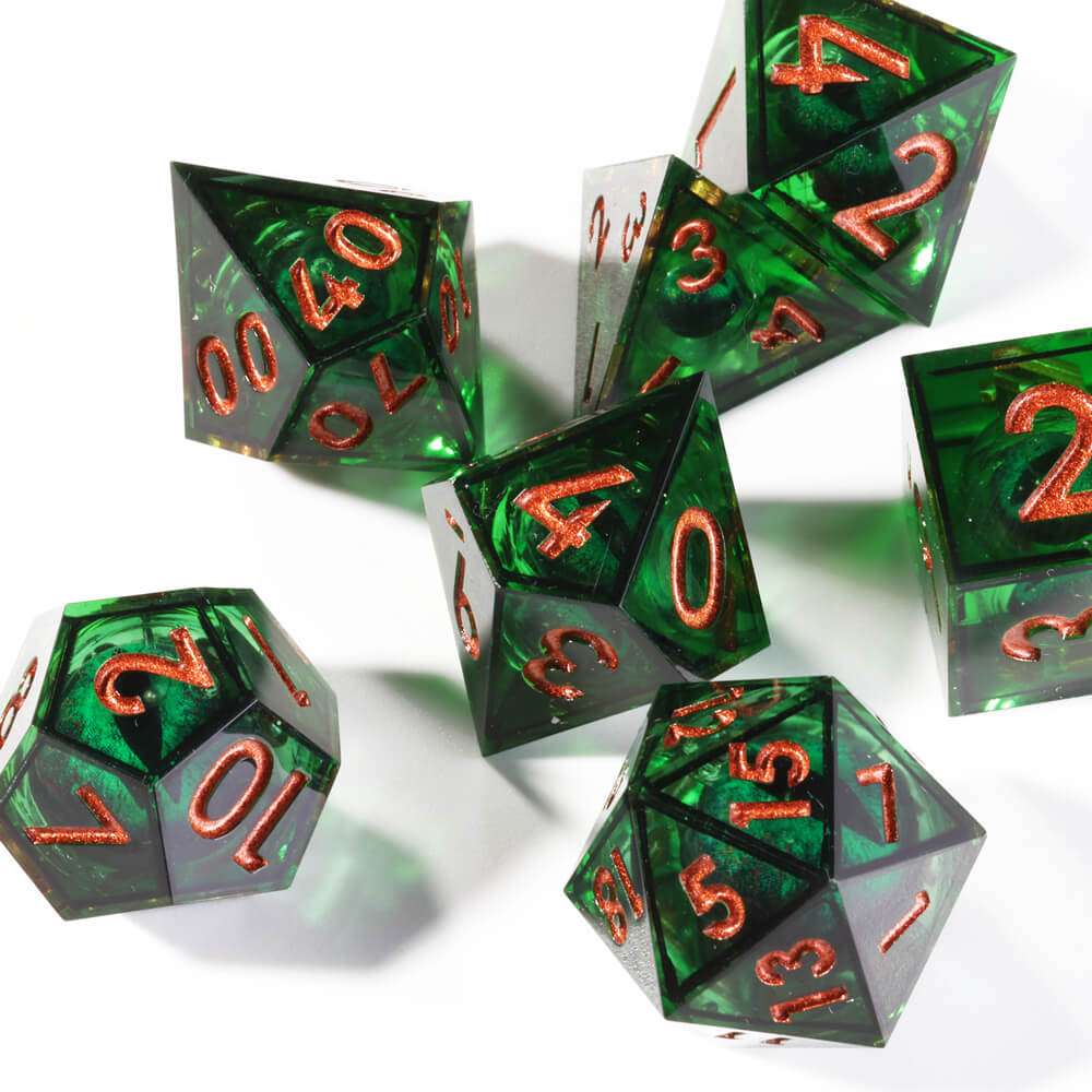 D&D 7-Piece Sharp Edge Green Liquid Core Dragon Eye Polyhedral Resin Dice Set - Dice of Dragons