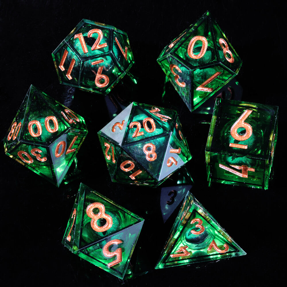 D&D 7-Piece Sharp Edge Green Liquid Core Dragon Eye Polyhedral Resin Dice Set - Dice of Dragons