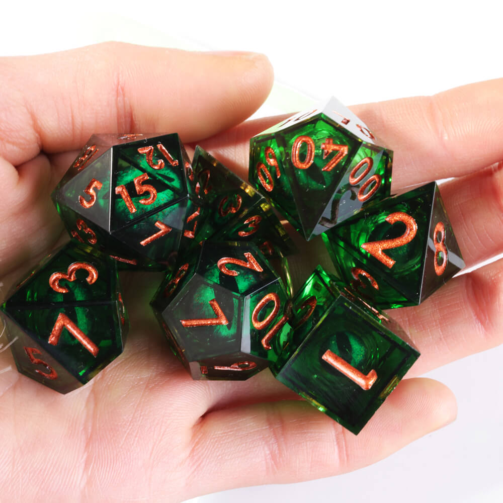 D&D 7-Piece Sharp Edge Green Liquid Core Dragon Eye Polyhedral Resin Dice Set - Dice of Dragons