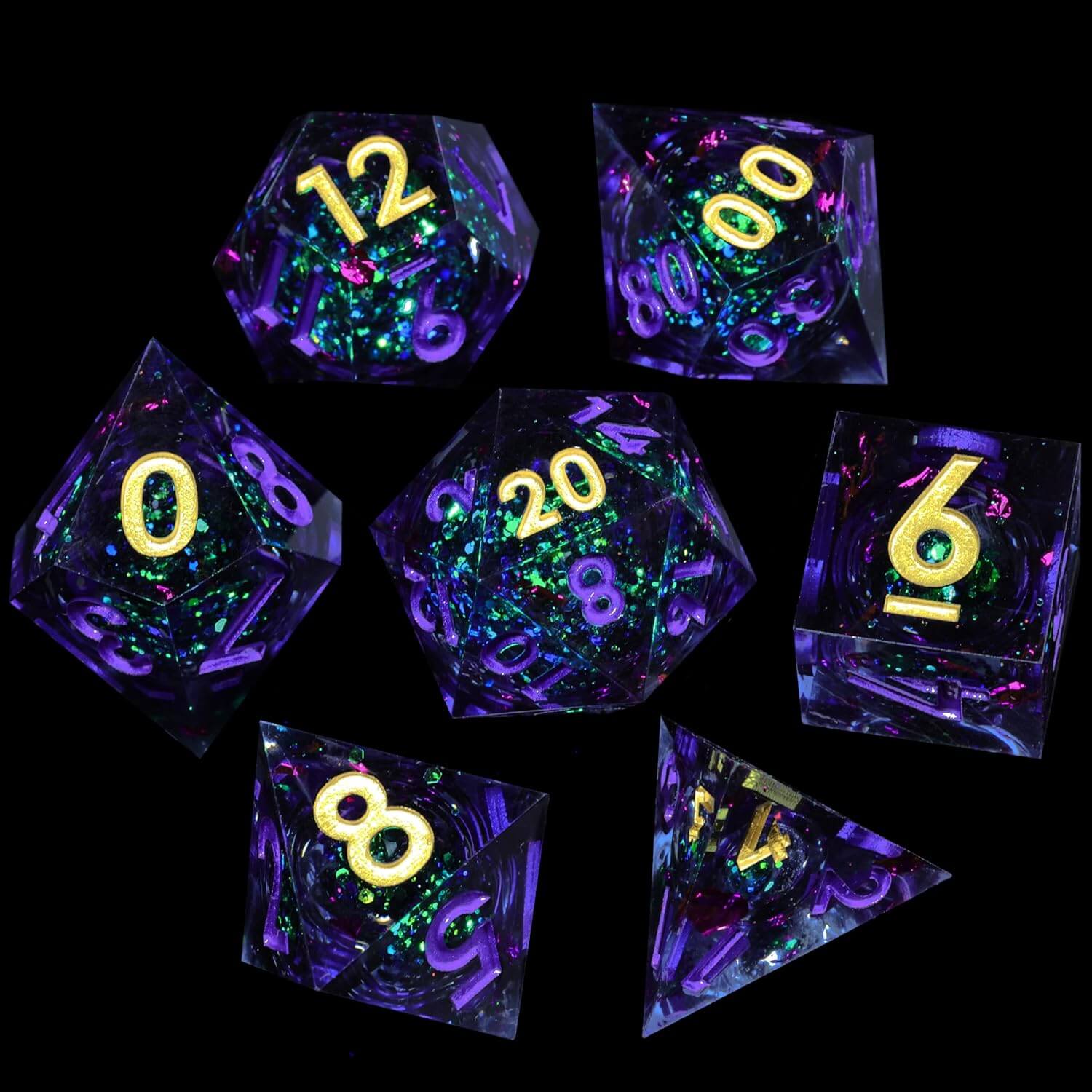 D&D 7-Piece Sharp Edge Liquid Core Amethyst Polyhedral Resin Dice Set - Dice of Dragons