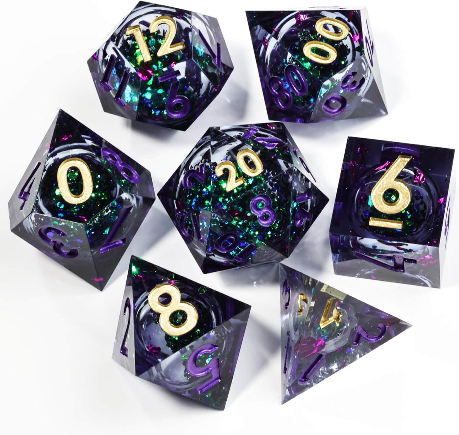 D&D 7-Piece Sharp Edge Liquid Core Amethyst Polyhedral Resin Dice Set - Dice of Dragons