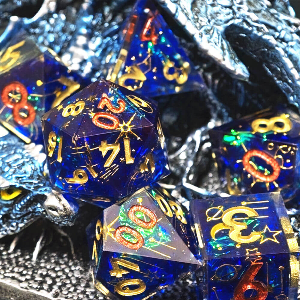 D&D 7-Piece Sharp Edge Planet Polyhedral Resin Dice Set - Dice of Dragons