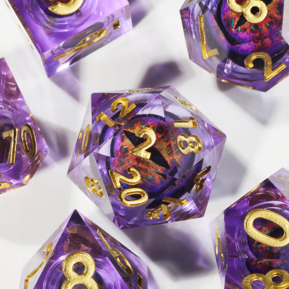 D&D 7-Piece Purple Liquid Core Dragon Eye Polyhedral Resin Dice Set - Dice of Dragons