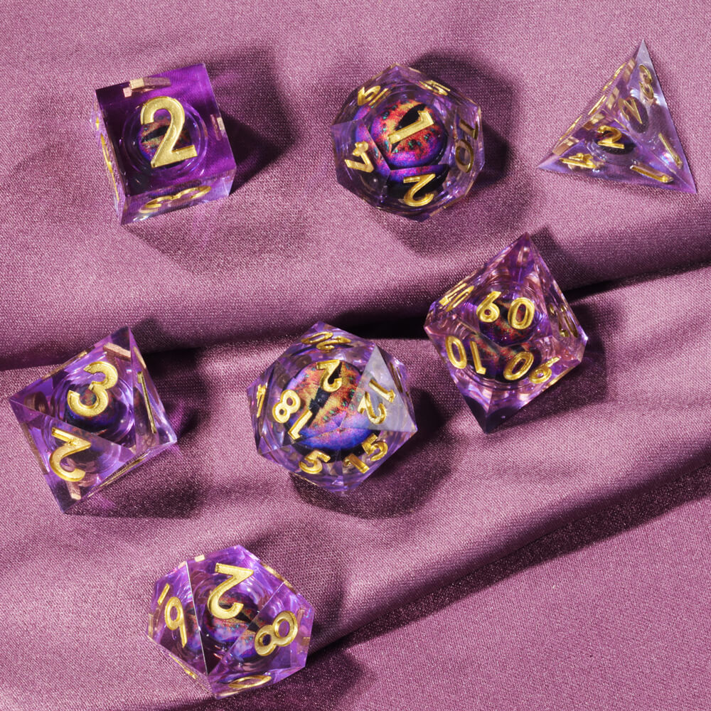 D&D 7-Piece Purple Liquid Core Dragon Eye Polyhedral Resin Dice Set - Dice of Dragons