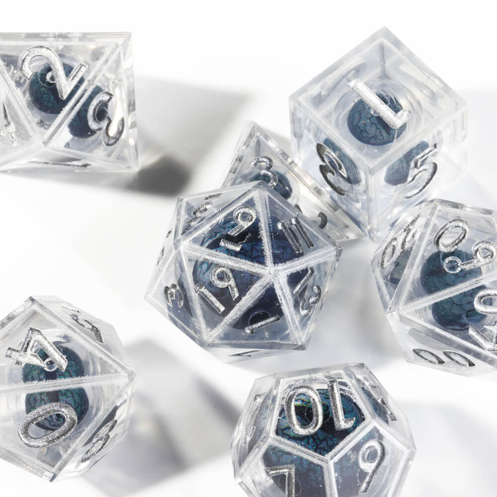 D&D 7-Piece Silver Liquid Core Dragon Eye Polyhedral Resin Dice Set - Dice of Dragons