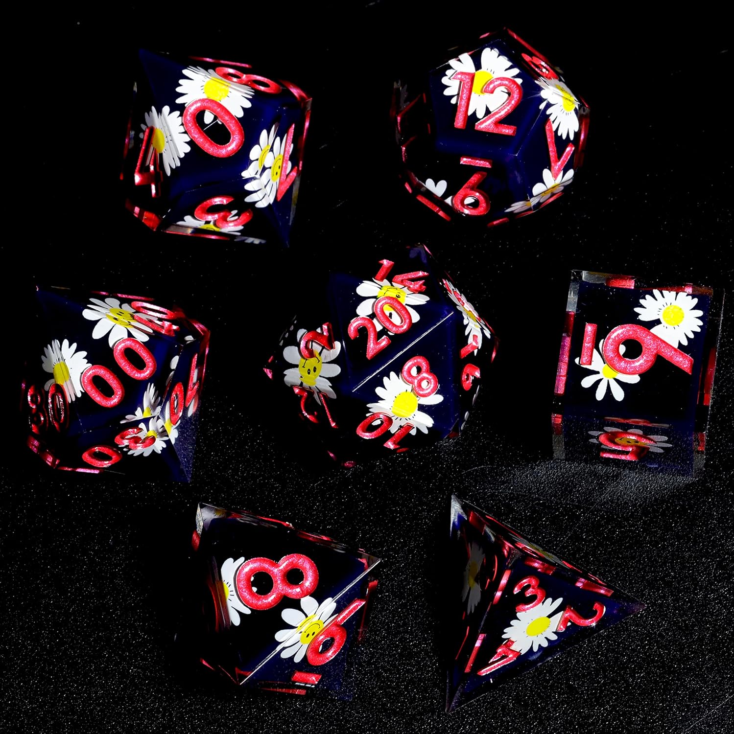 D&D 7-Piece Sharp Edge Smiling Daisy Polyhedral Resin Dice Set - Dice of Dragons