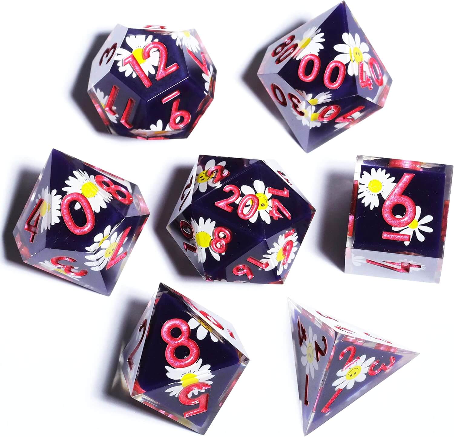 D&D 7-Piece Sharp Edge Smiling Daisy Polyhedral Resin Dice Set - Dice of Dragons