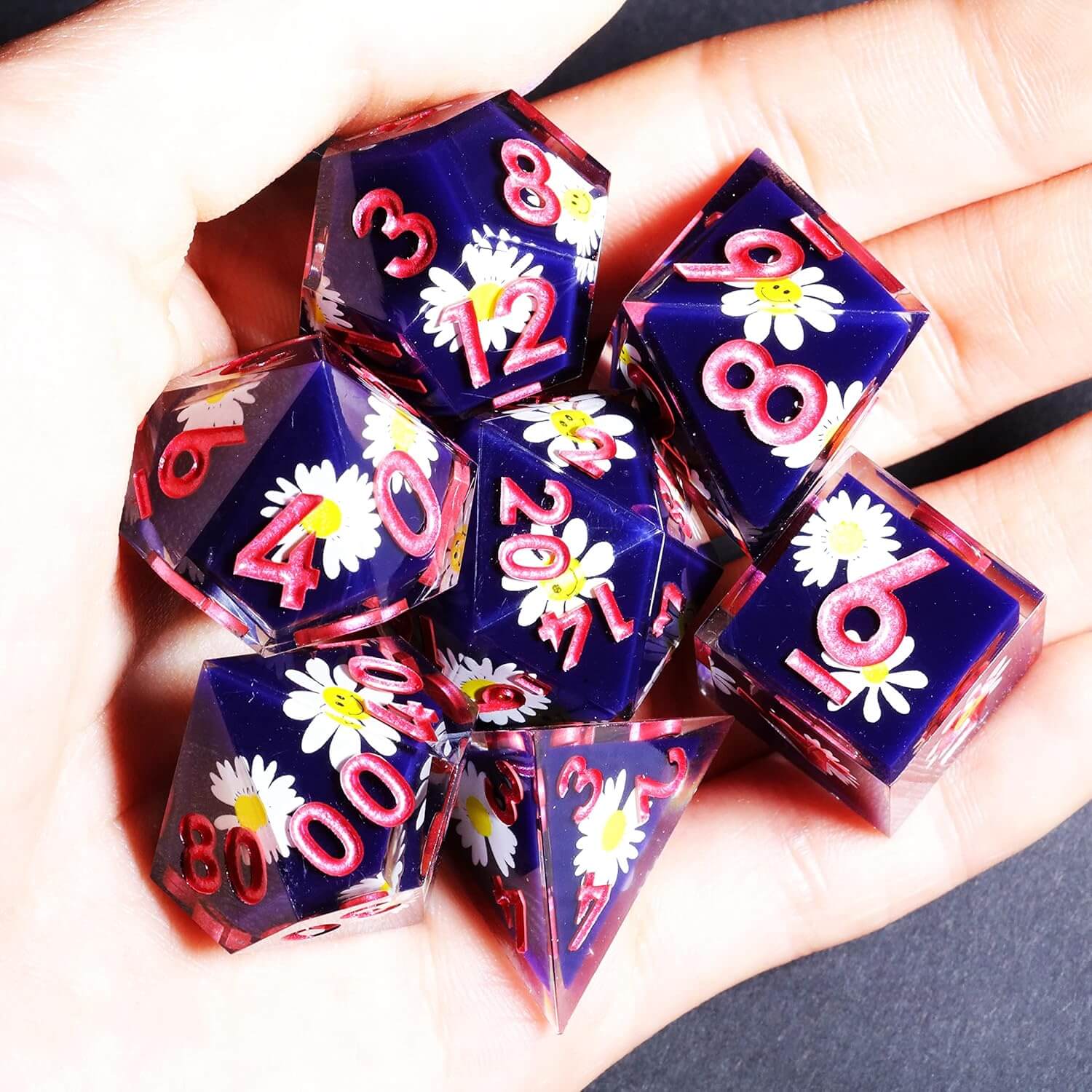 D&D 7-Piece Sharp Edge Smiling Daisy Polyhedral Resin Dice Set - Dice of Dragons