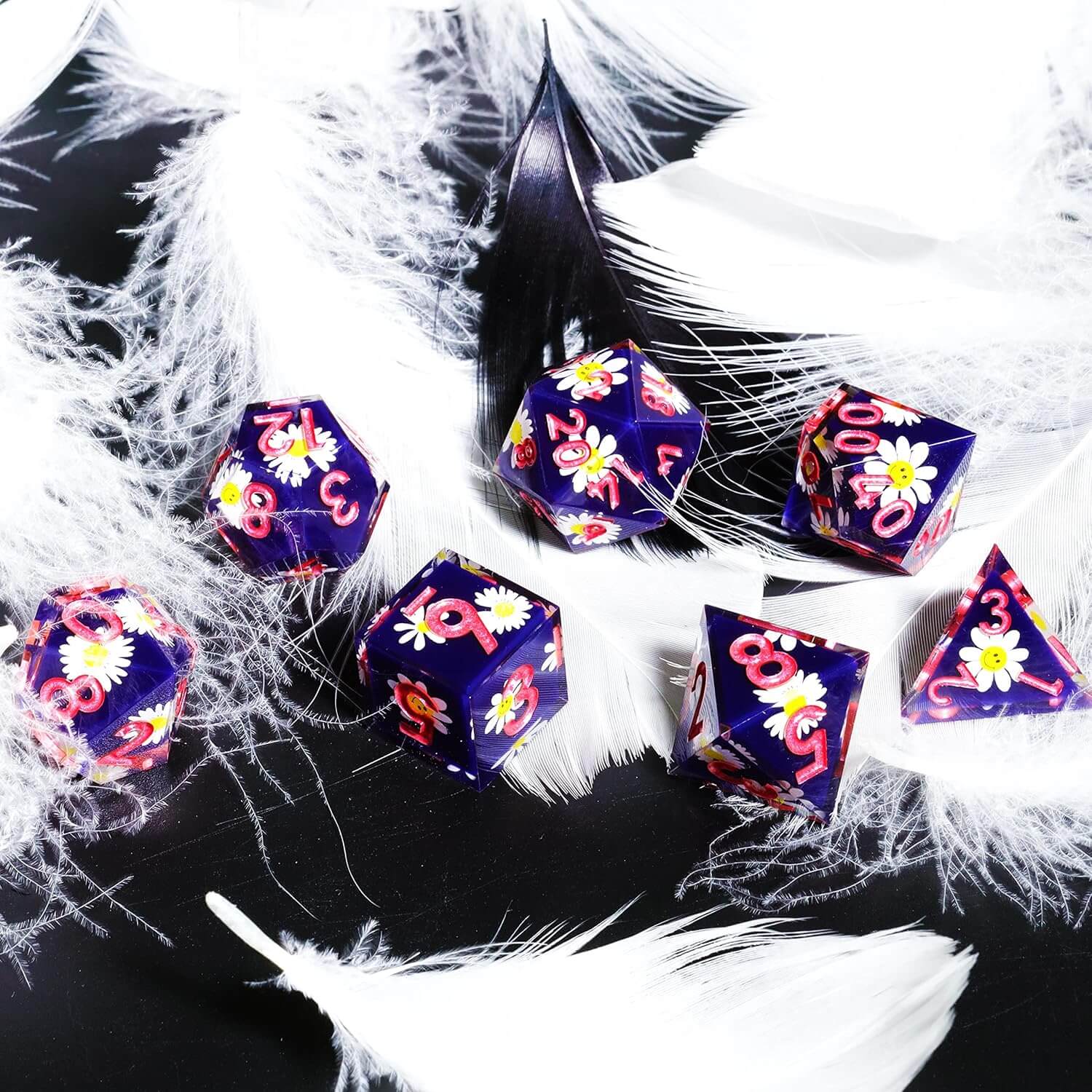 D&D 7-Piece Sharp Edge Smiling Daisy Polyhedral Resin Dice Set - Dice of Dragons