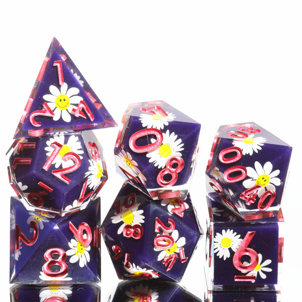 D&D 7-Piece Sharp Edge Smiling Daisy Polyhedral Resin Dice Set - Dice of Dragons