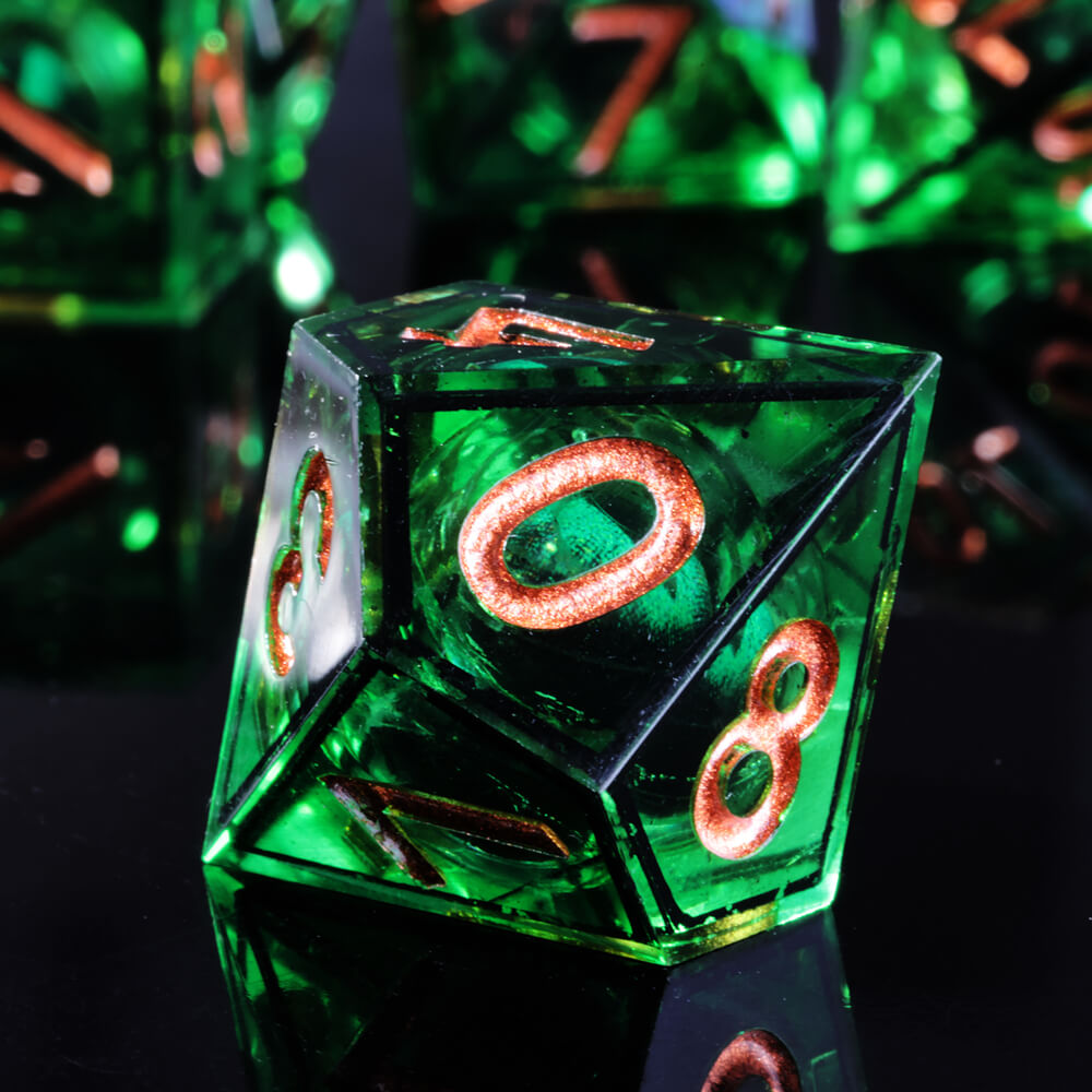 D&D 7-Piece Sharp Edge Green Liquid Core Dragon Eye Polyhedral Resin Dice Set - Dice of Dragons