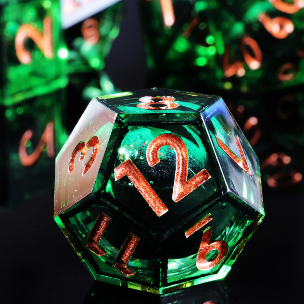 D&D 7-Piece Sharp Edge Green Liquid Core Dragon Eye Polyhedral Resin Dice Set - Dice of Dragons