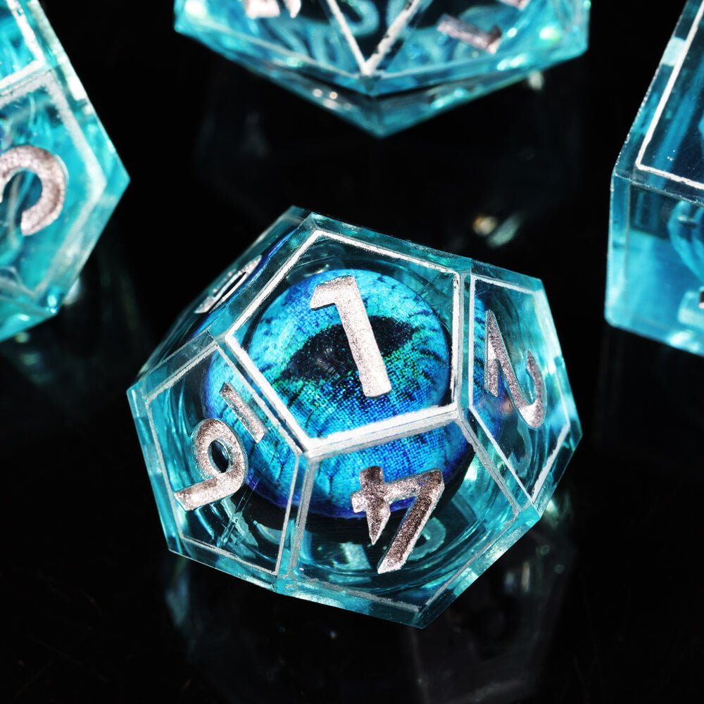 D&D 7-Piece Sharp Edge Multi-Layer Blue Dragon Eye Polyhedral Resin Dice Set - Dice of Dragons