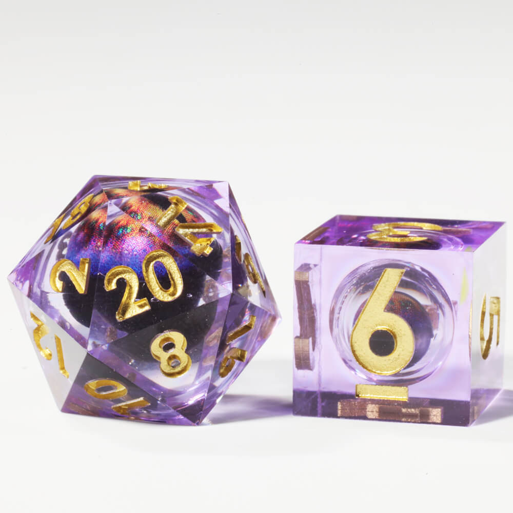 D&D 7-Piece Purple Liquid Core Dragon Eye Polyhedral Resin Dice Set - Dice of Dragons