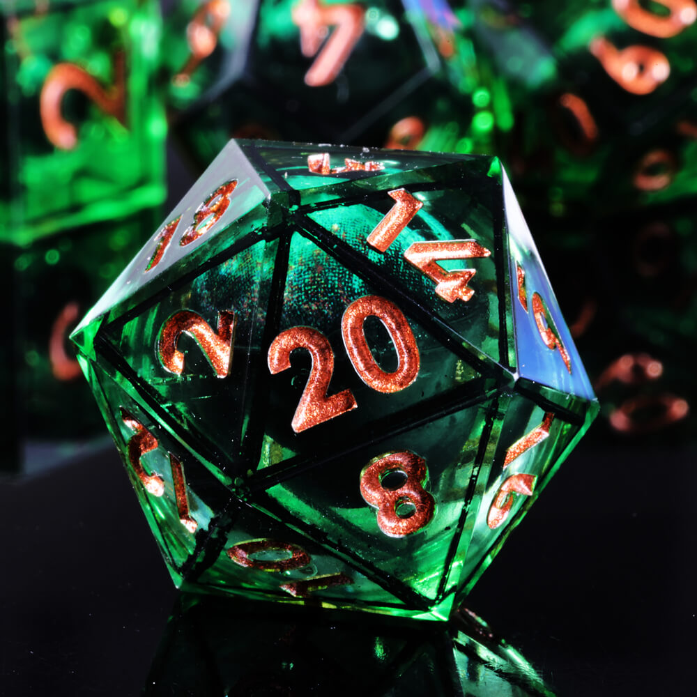 D&D 7-Piece Sharp Edge Green Liquid Core Dragon Eye Polyhedral Resin Dice Set - Dice of Dragons