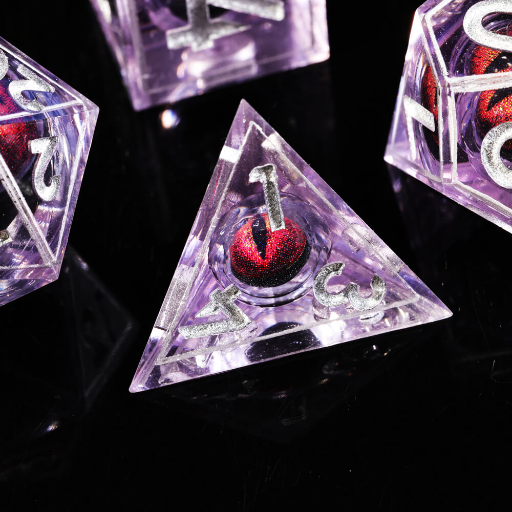 D&D 7-Piece Sharp Edge Red Dragon Eye Polyhedral Resin Dice Set - Dice of Dragons