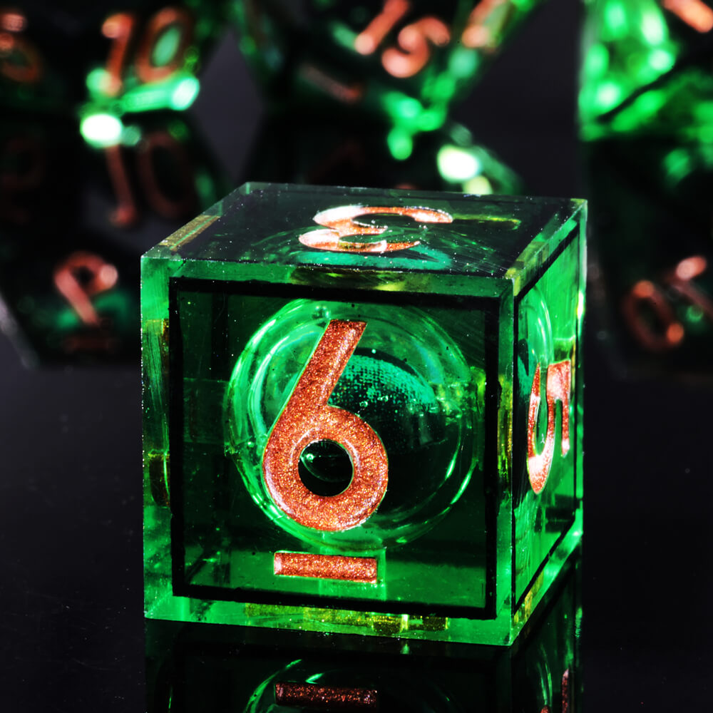 D&D 7-Piece Sharp Edge Green Liquid Core Dragon Eye Polyhedral Resin Dice Set - Dice of Dragons