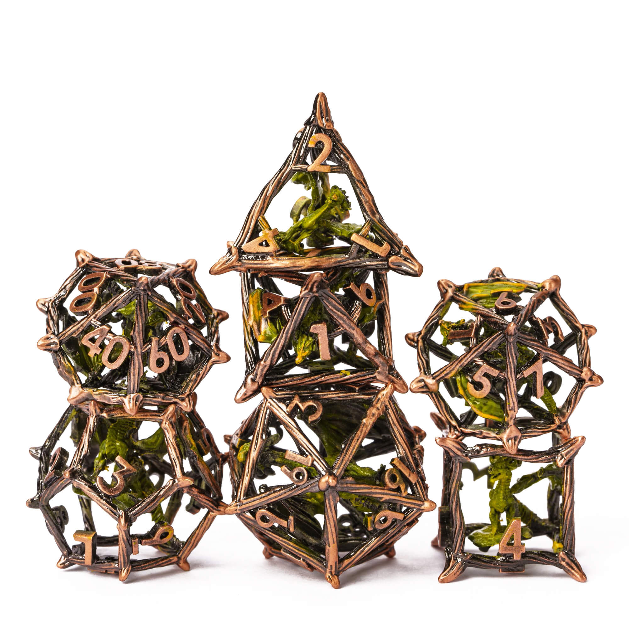 Dragon 7 Polyhedral Hollow Metal D And D Dice Set Green Yellow - Dice of Dragons