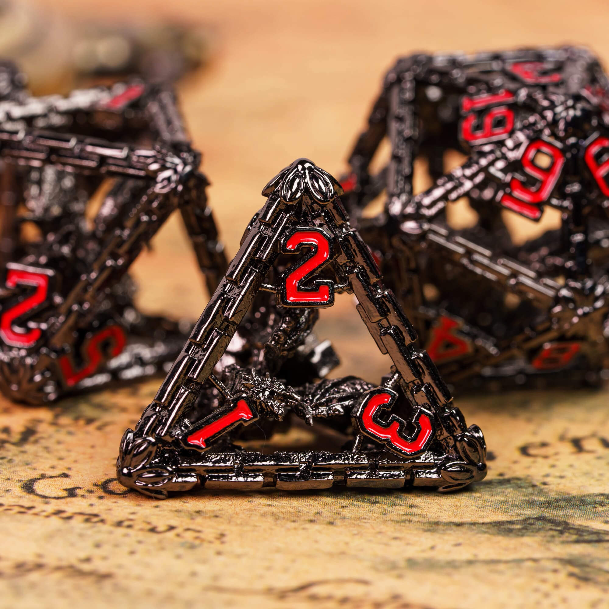 Dragon 7 Polyhedral Hollow Metal DD Dice Set Black Red - Dice of Dragons