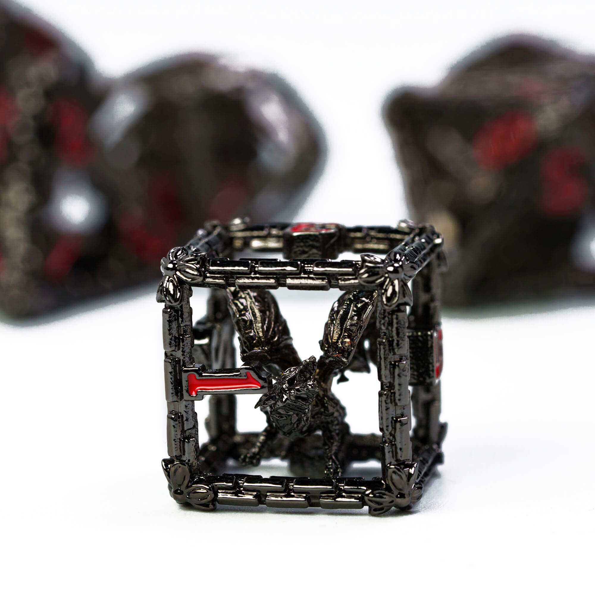 Dragon 7 Polyhedral Hollow Metal DD Dice Set Black Red - Dice of Dragons