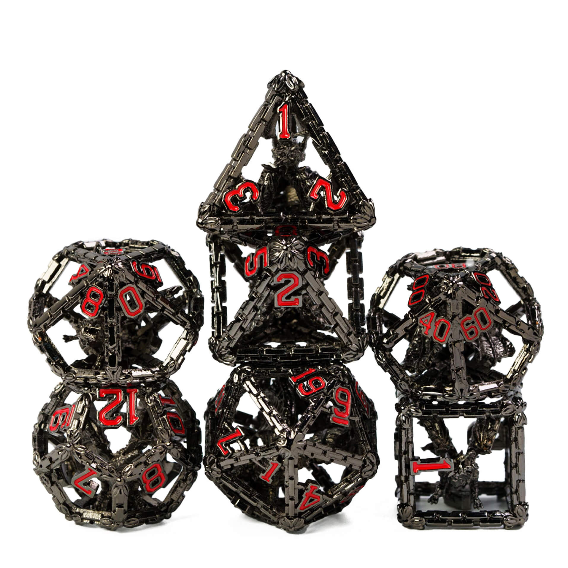 Dragon 7 Polyhedral Hollow Metal DD Dice Set Black Red - Dice of Dragons