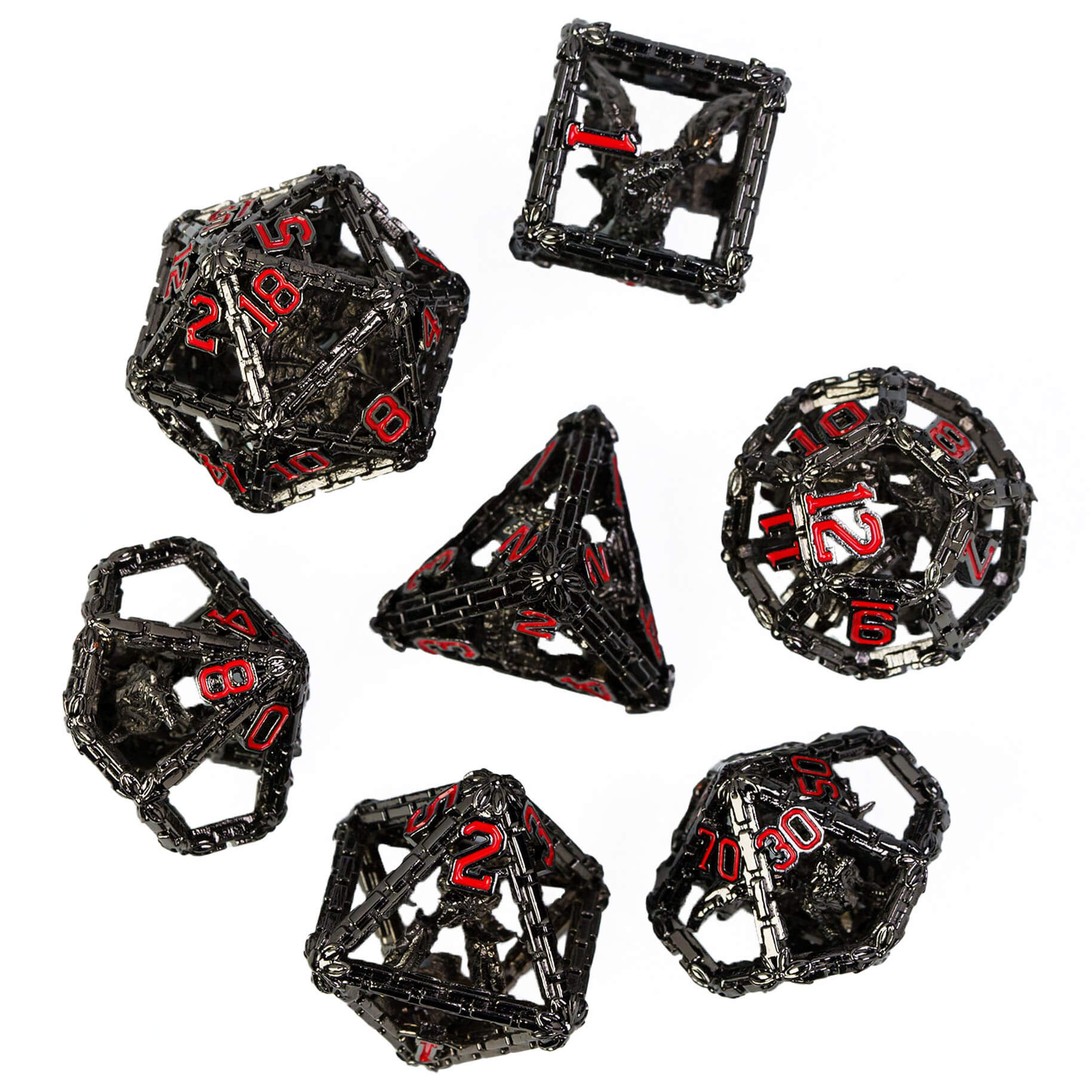 Dragon 7 Polyhedral Hollow Metal DD Dice Set Black Red - Dice of Dragons