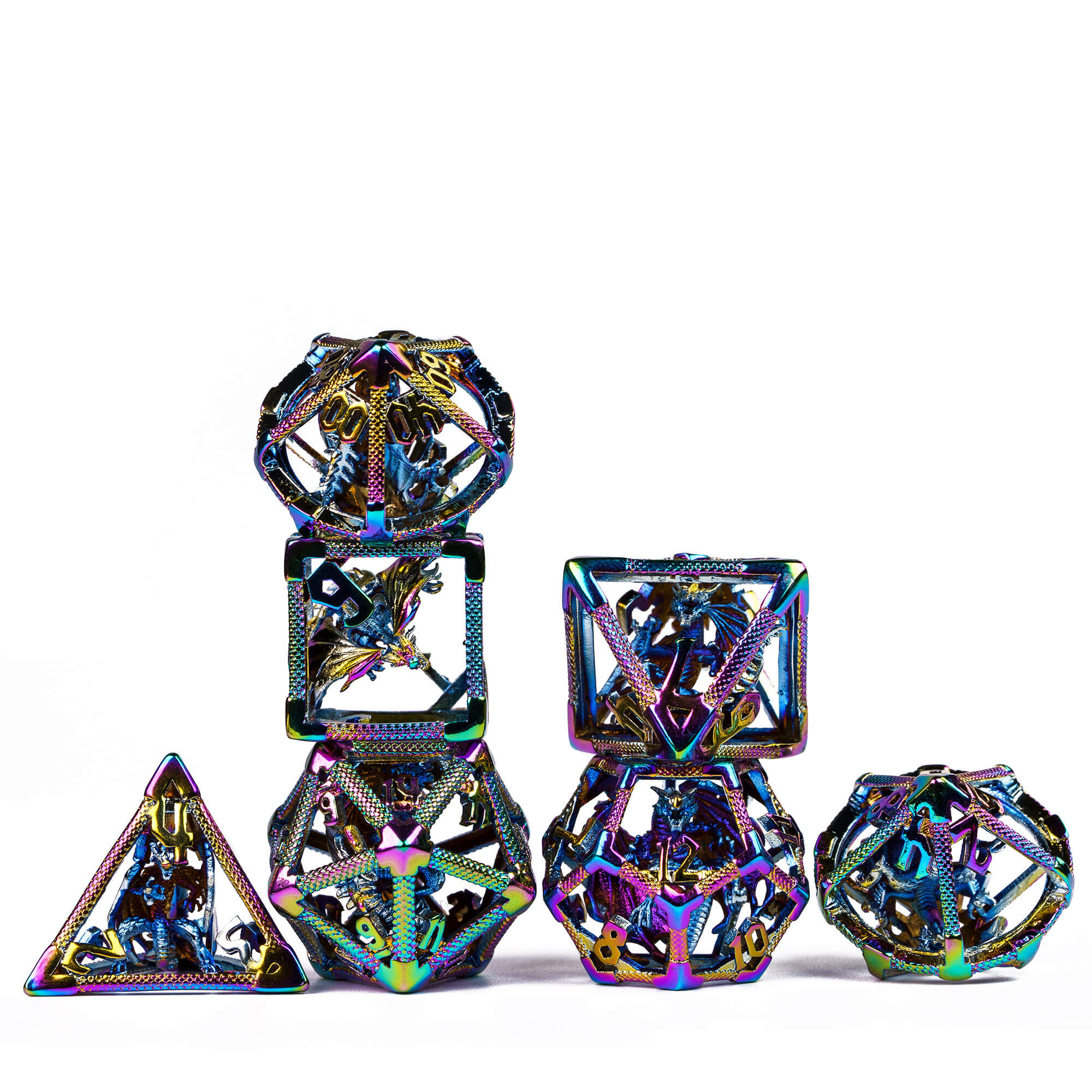 Dragon 7 Polyhedral Hollow Metal Dice Set D And D Colorful - Dice of Dragons