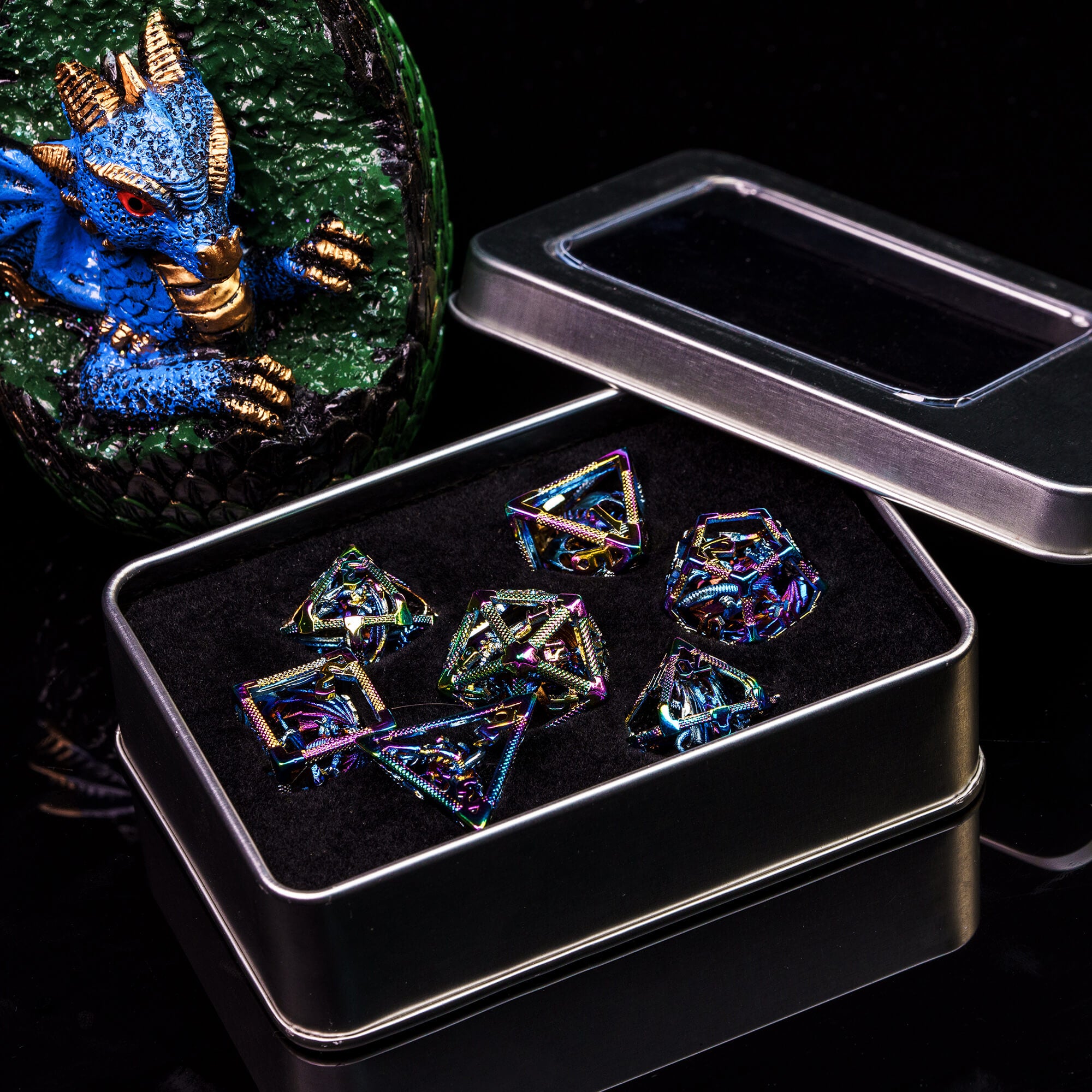 Dragon 7 Polyhedral Hollow Metal Dice Set D And D Colorful - Dice of Dragons