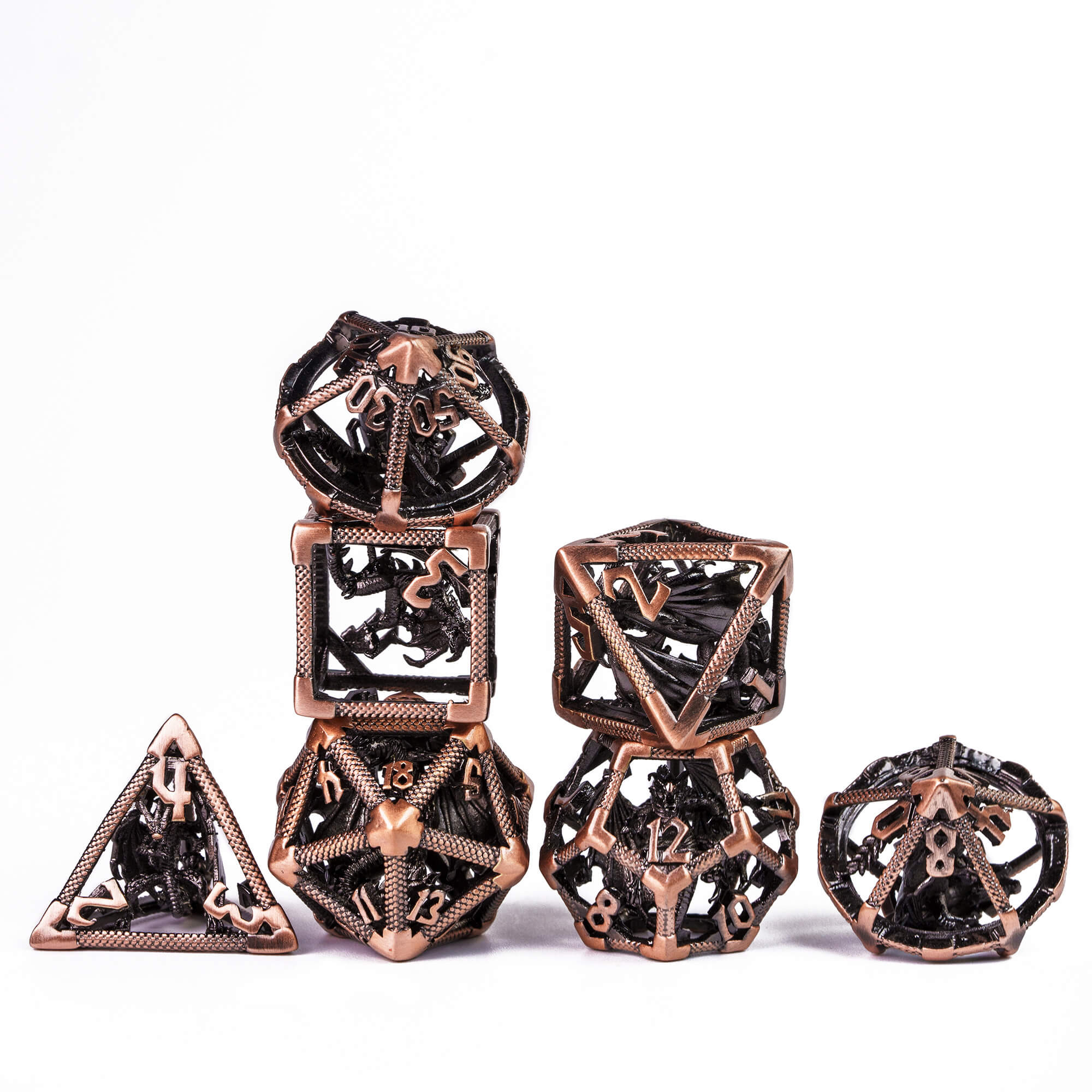 Dragon 7 Polyhedral Hollow Metal Dice Set DnD Red Copper - Dice of Dragons