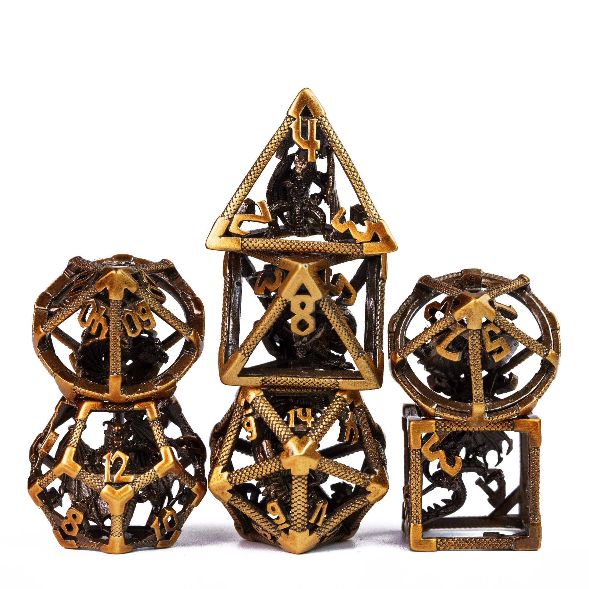 Dragon 7 Polyhedral Hollow Metal Dice Sets D&D Gold - Dice of Dragons