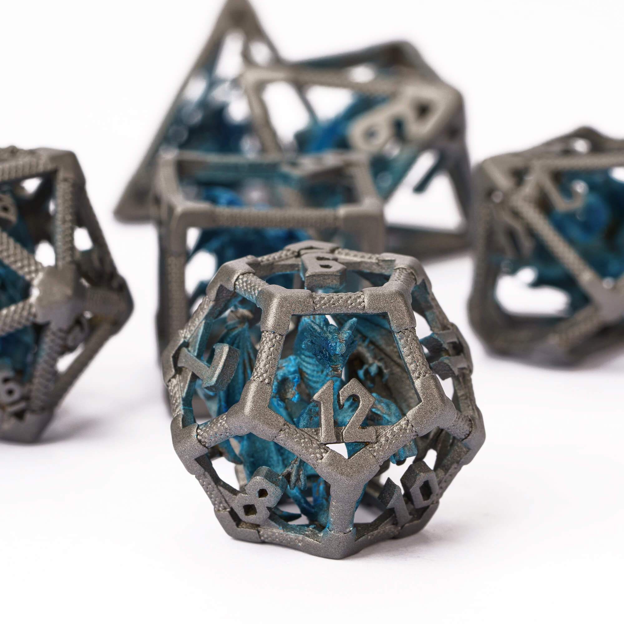 Dragon 7 Polyhedral Hollow Metal D&D Dice Sets Grey Blue - Dice of Dragons