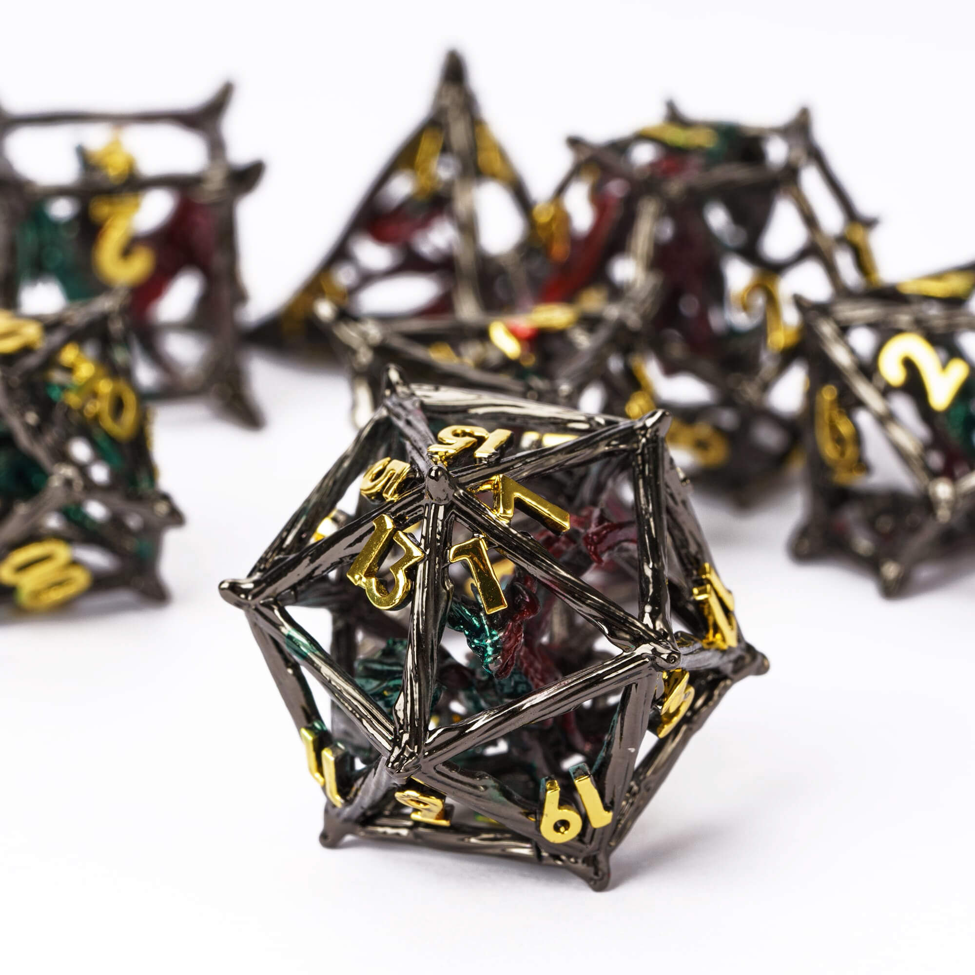 Dragon 7 Polyhedral Hollow Metal DnD Dice Sets Gold Red Green - Dice of Dragons