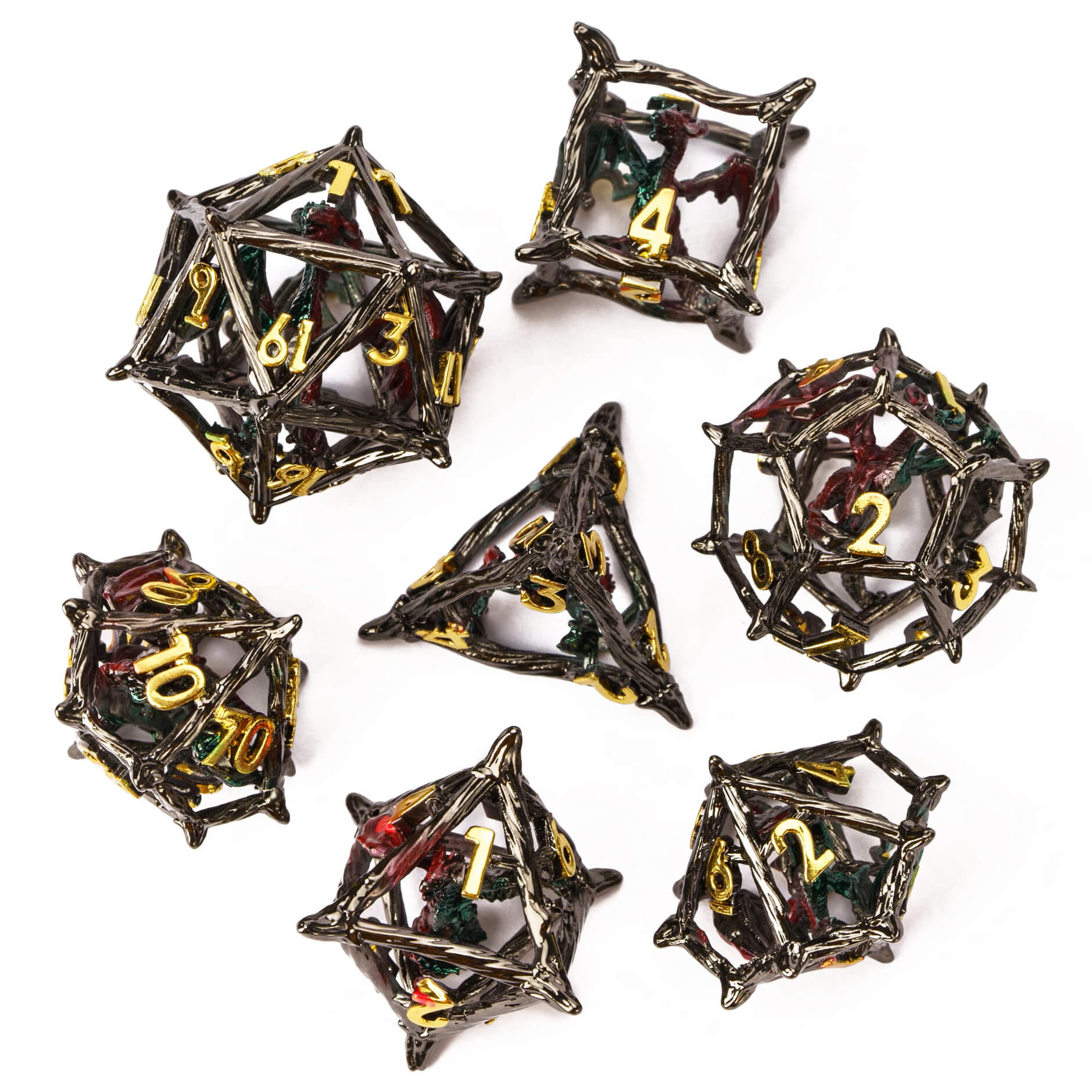 Dragon 7 Polyhedral Hollow Metal DnD Dice Sets Gold Red Green - Dice of Dragons