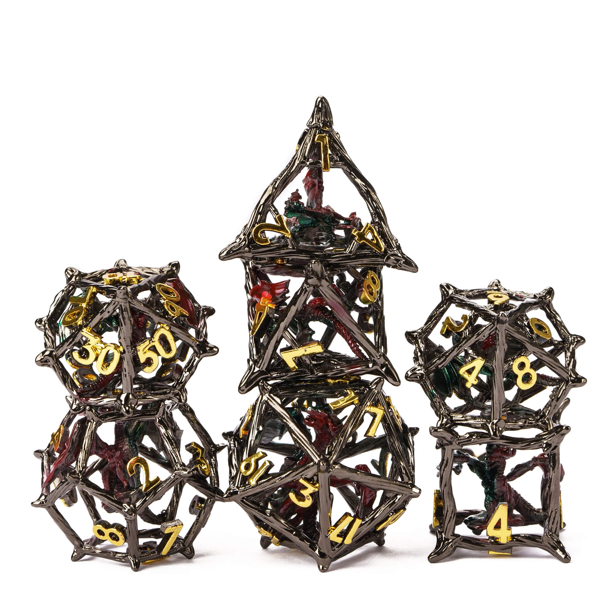 Dragon 7 Polyhedral Hollow Metal DnD Dice Sets Gold Red Green - Dice of Dragons