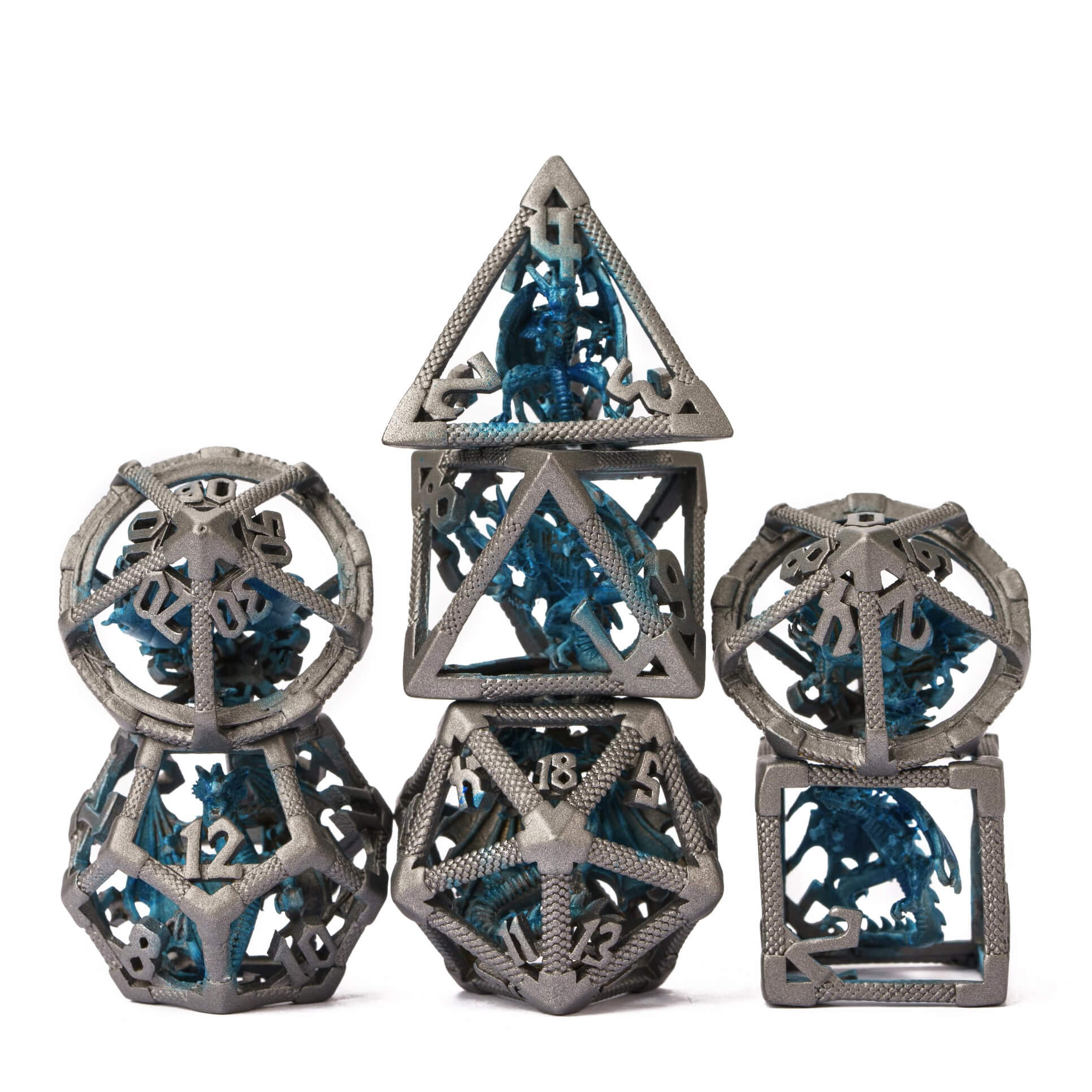 Dragon 7 Polyhedral Hollow Metal D&D Dice Sets Grey Blue - Dice of Dragons