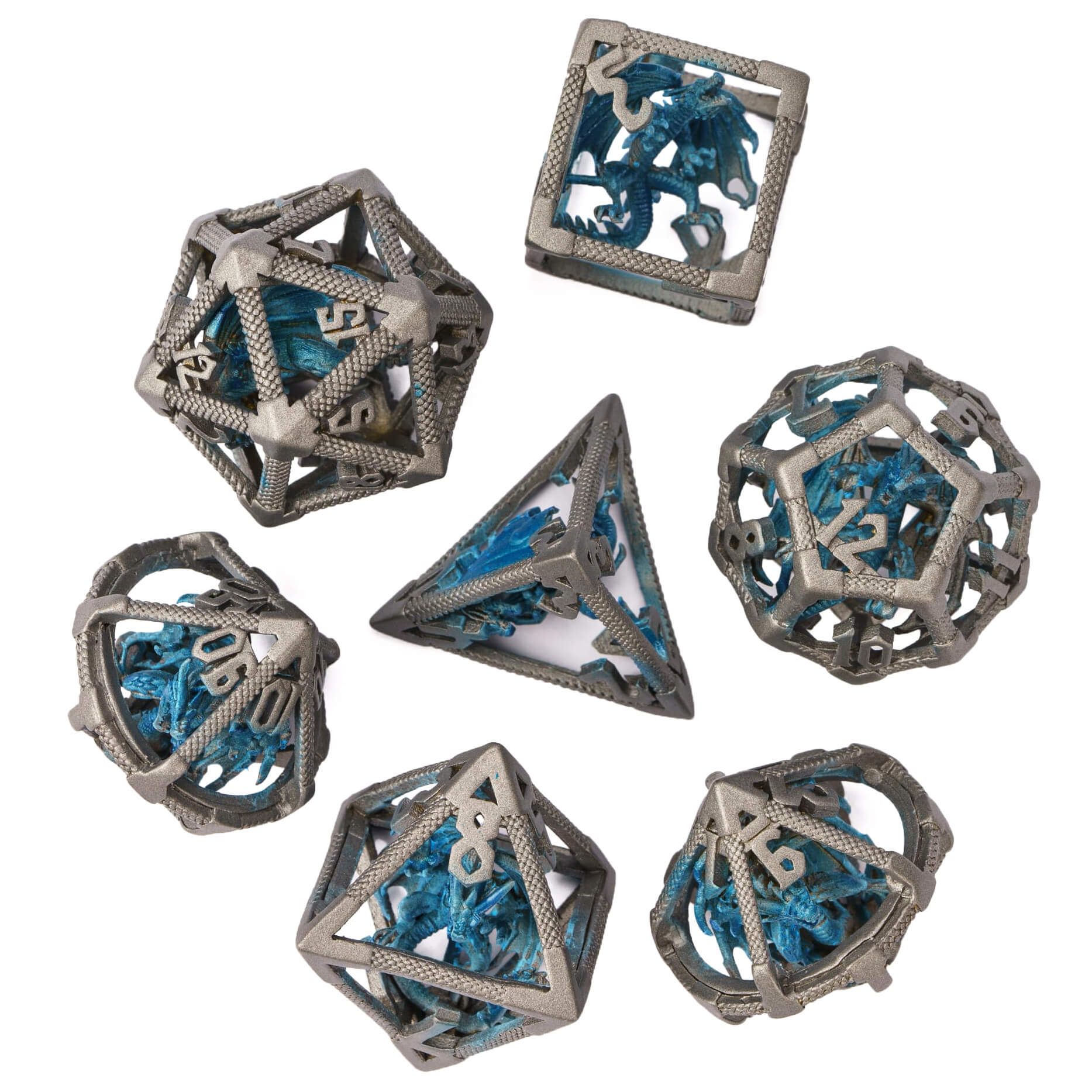 Dragon 7 Polyhedral Hollow Metal D&D Dice Sets Grey Blue - Dice of Dragons