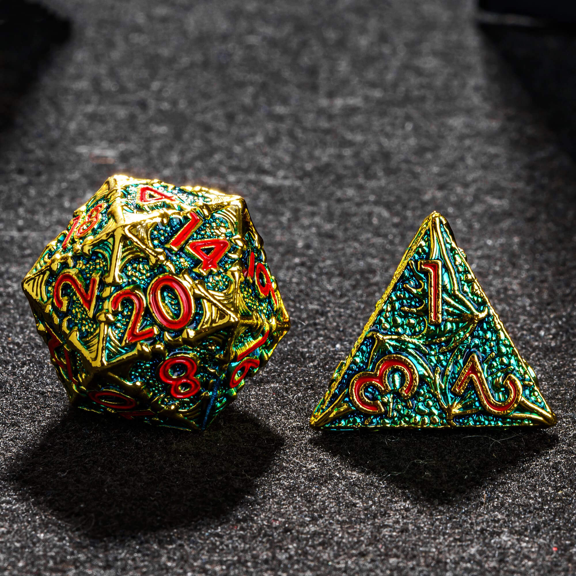 Dragon 7 Polyhedral Metal Dice Set D And D Green Red - Dice of Dragons