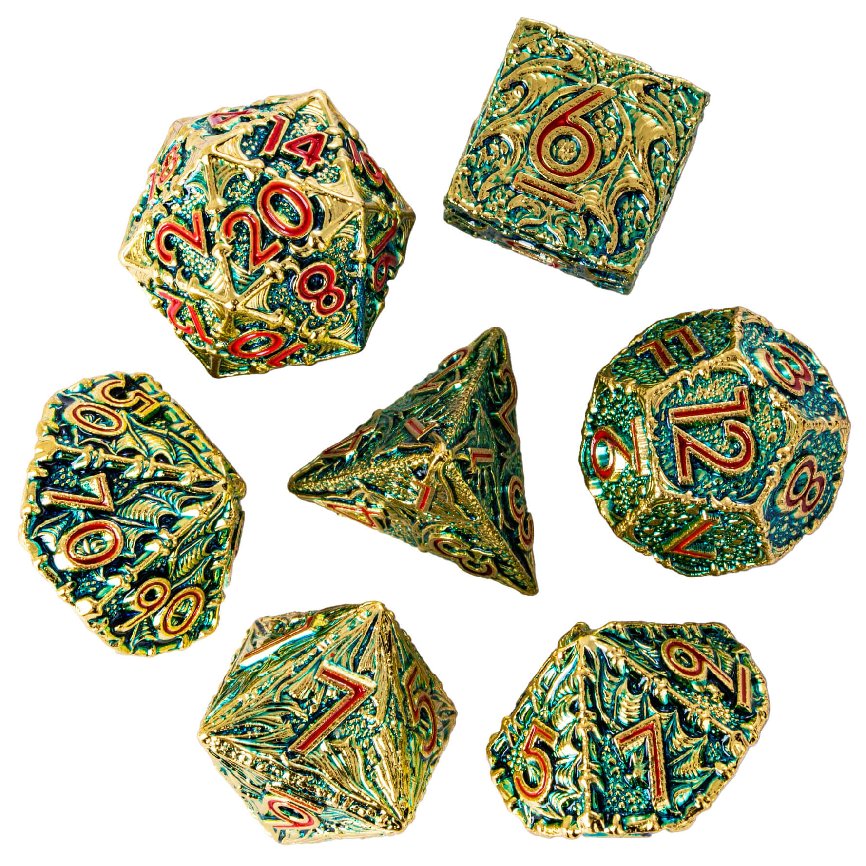 Dragon 7 Polyhedral Metal Dice Set D And D Green Red - Dice of Dragons