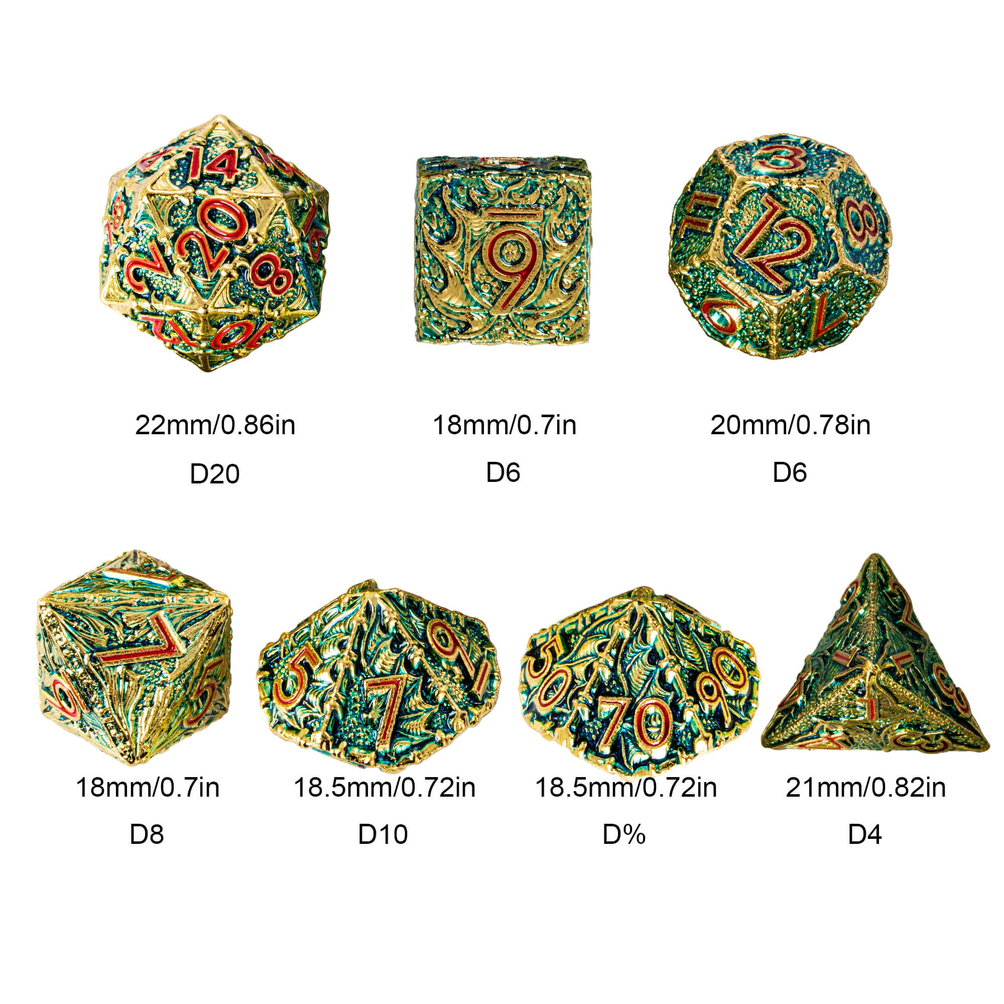 Dragon 7 Polyhedral Metal Dice Set D And D Green Red - Dice of Dragons